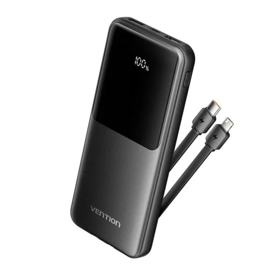 Vention Power Bank 10000mAh (Micro-USB + USB-C + USB-A + USB-A) with Built-in USB-C and Lightning Cables 22.5W _ black
